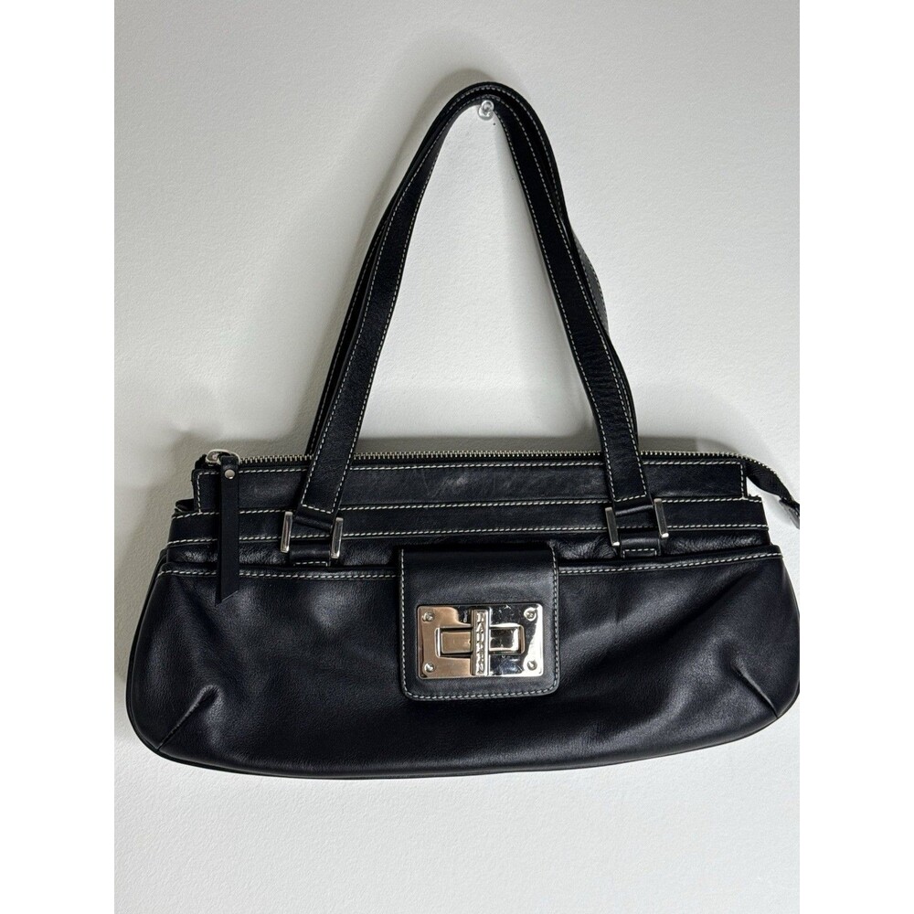 Lauren Ralph Lauren Black Leather Shoulder Bag Silver Turn Lock Purse Chic